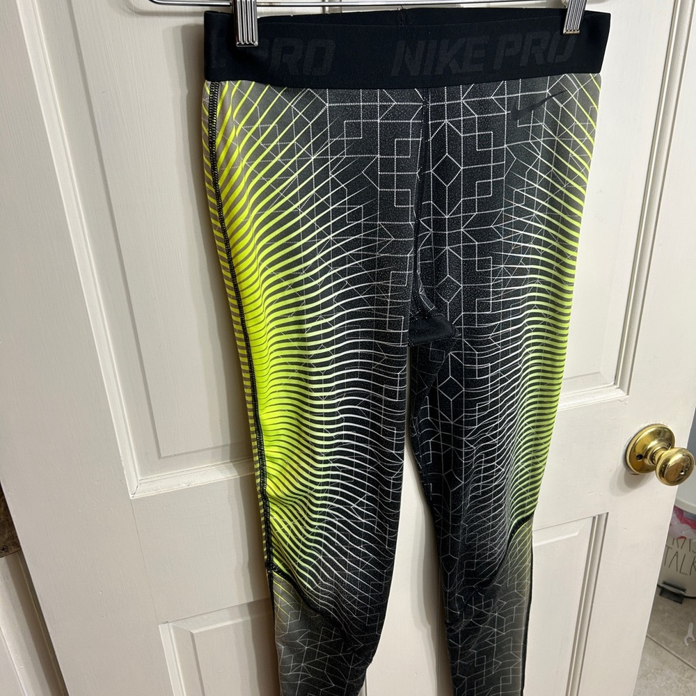 Nike pro leggings, black and neon yellow pattern